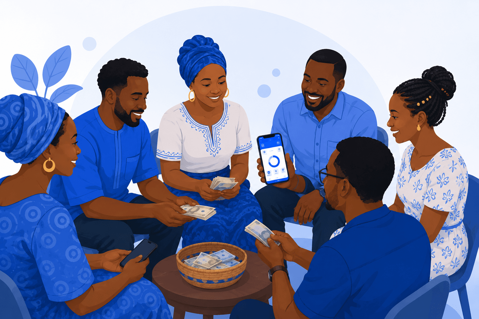 A njangi circle gathered together, sharing contributions